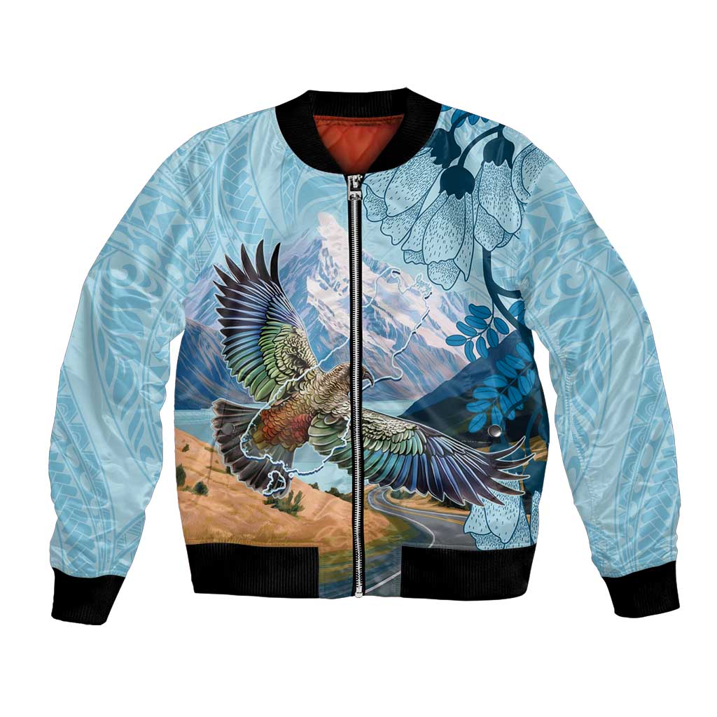 New Zealand South Island Bomber Jacket Te Waipounamu Aoraki Kea Bird LT14 Unisex Blue - Polynesian Pride