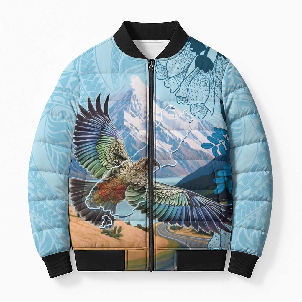 New Zealand South Island Bomber Puffer Jacket Te Waipounamu Aoraki Kea Bird LT14 Unisex Blue - Polynesian Pride