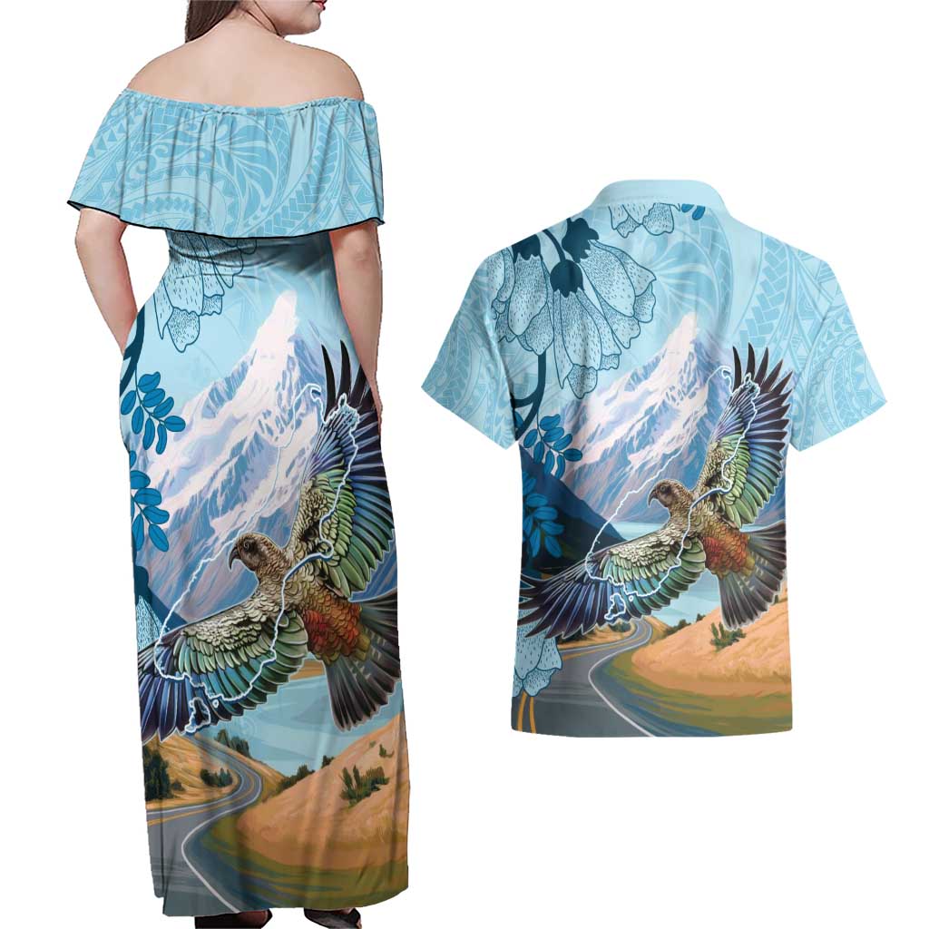 New Zealand South Island Couples Matching Off Shoulder Maxi Dress and Hawaiian Shirt Te Waipounamu Aoraki Kea Bird