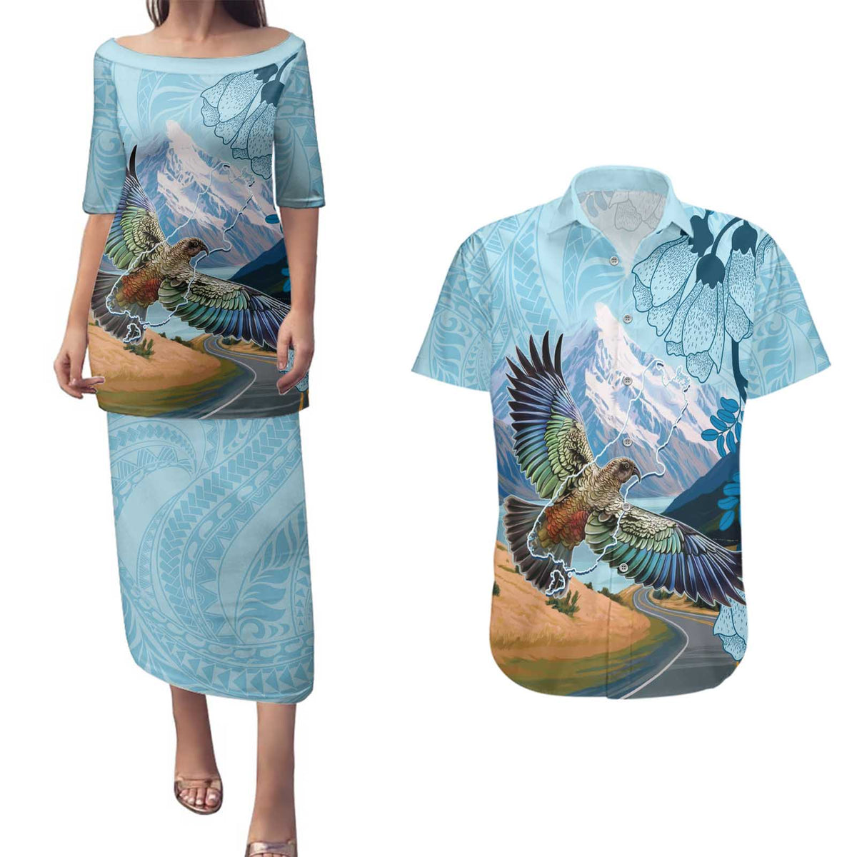 New Zealand South Island Couples Matching Puletasi and Hawaiian Shirt Te Waipounamu Aoraki Kea Bird