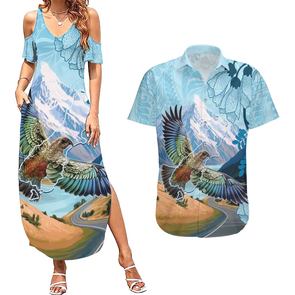 New Zealand South Island Couples Matching Summer Maxi Dress and Hawaiian Shirt Te Waipounamu Aoraki Kea Bird