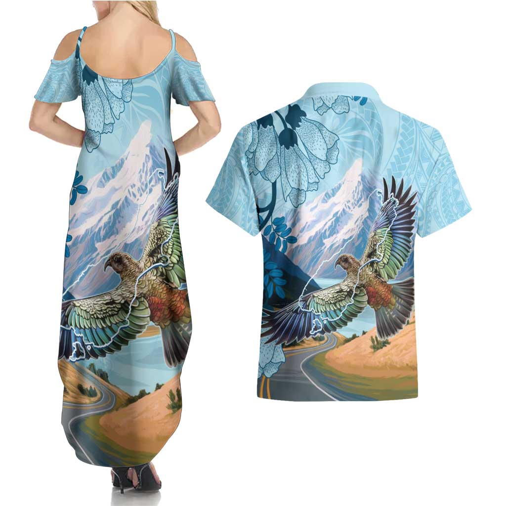New Zealand South Island Couples Matching Summer Maxi Dress and Hawaiian Shirt Te Waipounamu Aoraki Kea Bird