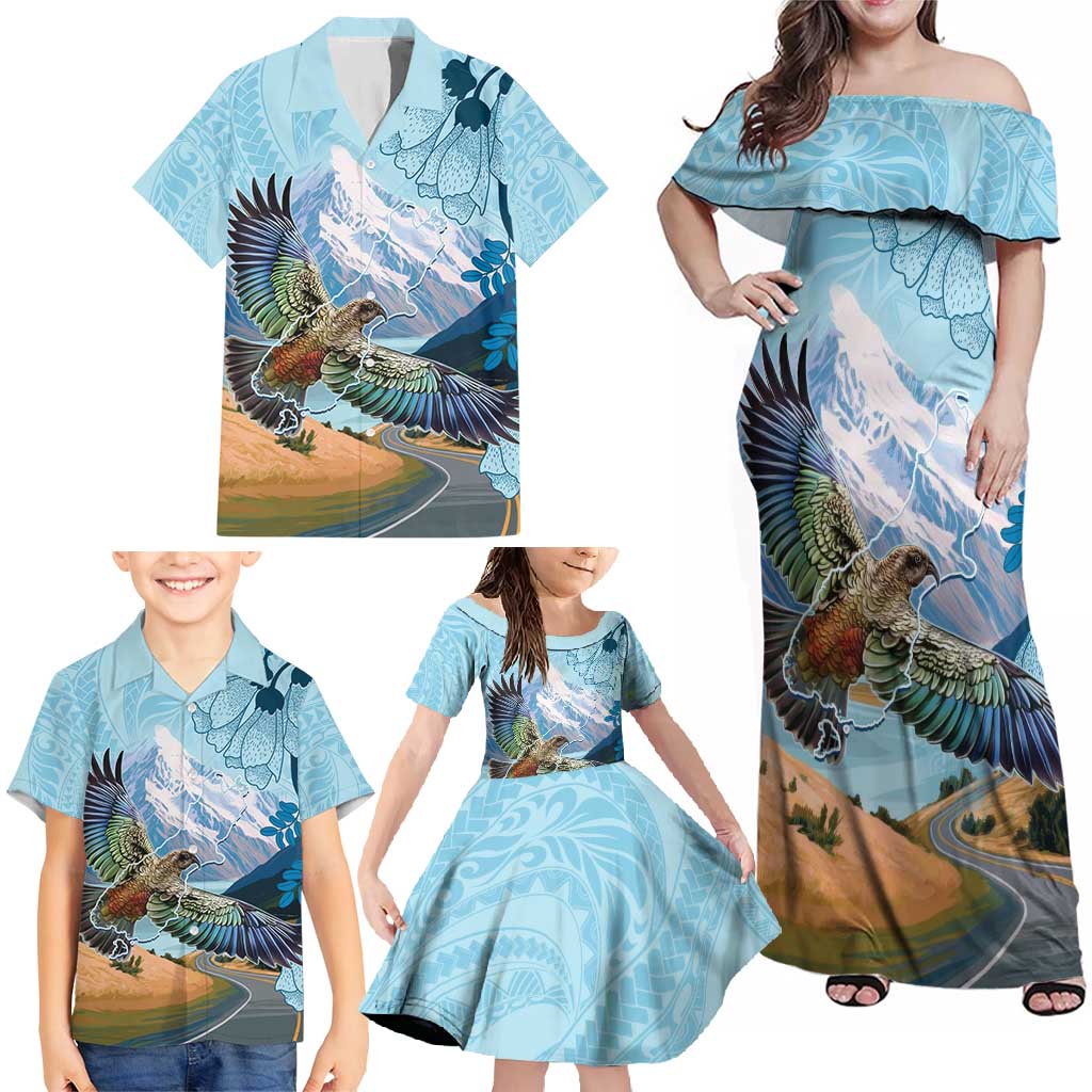 New Zealand South Island Family Matching Off Shoulder Maxi Dress and Hawaiian Shirt Te Waipounamu Aoraki Kea Bird