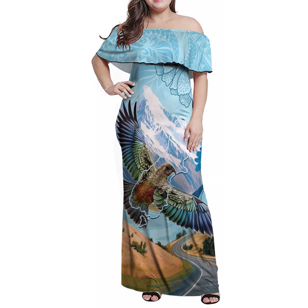 New Zealand South Island Family Matching Off Shoulder Maxi Dress and Hawaiian Shirt Te Waipounamu Aoraki Kea Bird