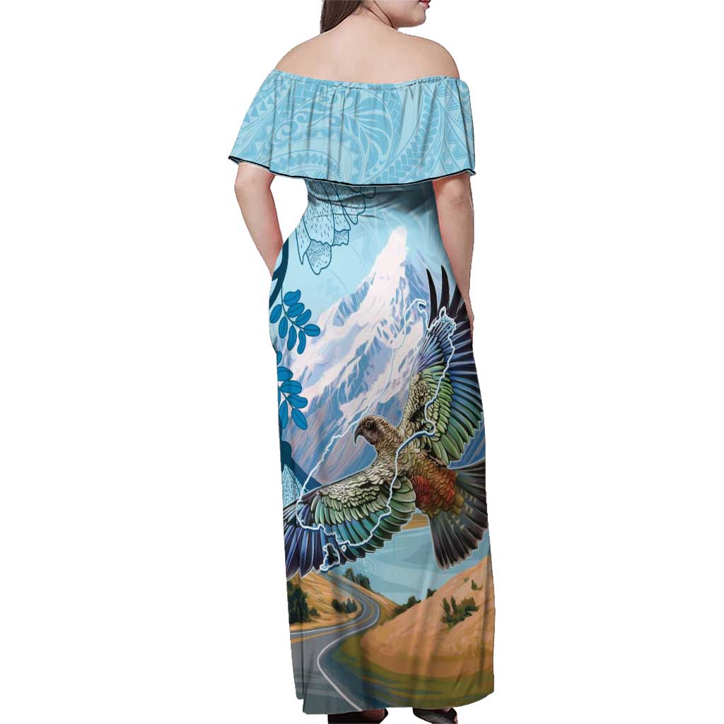 New Zealand South Island Family Matching Off Shoulder Maxi Dress and Hawaiian Shirt Te Waipounamu Aoraki Kea Bird