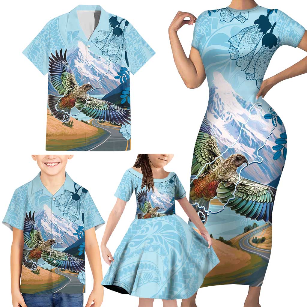 New Zealand South Island Family Matching Short Sleeve Bodycon Dress and Hawaiian Shirt Te Waipounamu Aoraki Kea Bird