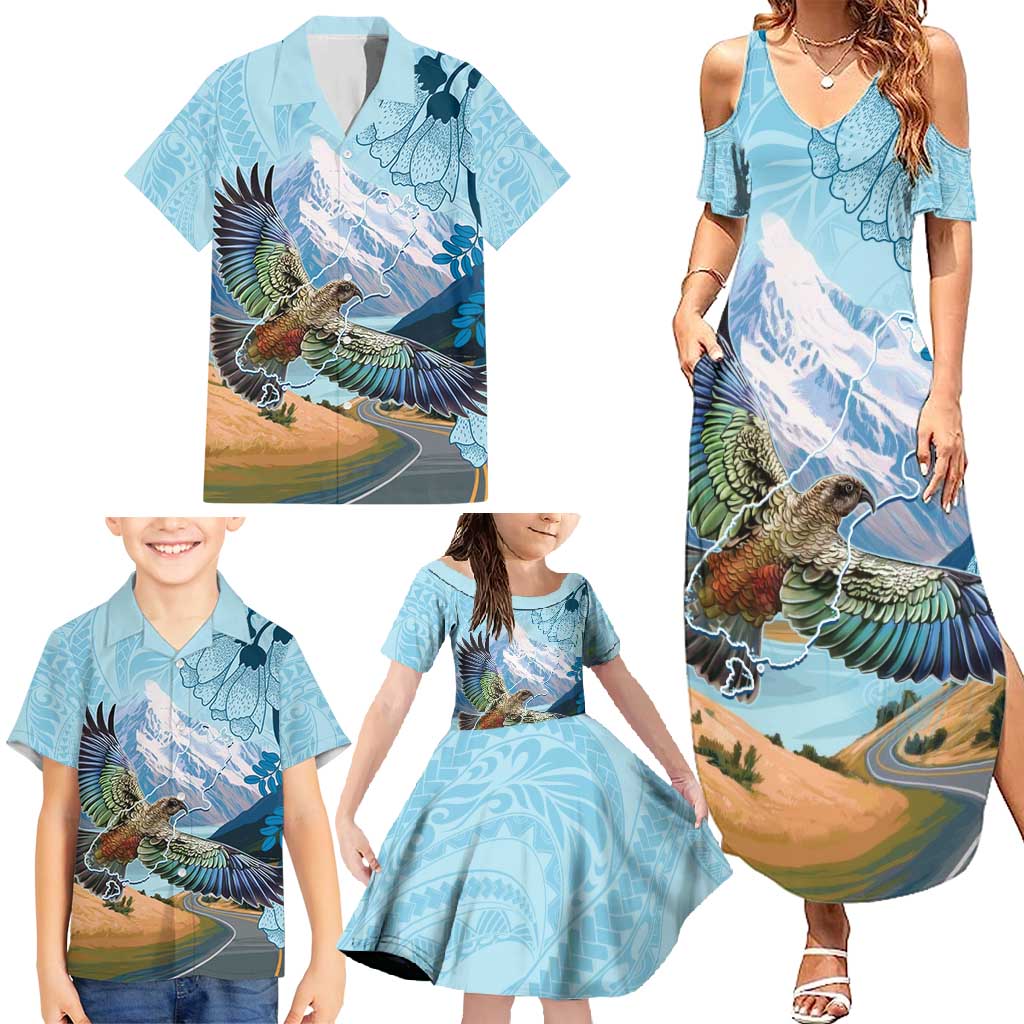 New Zealand South Island Family Matching Summer Maxi Dress and Hawaiian Shirt Te Waipounamu Aoraki Kea Bird