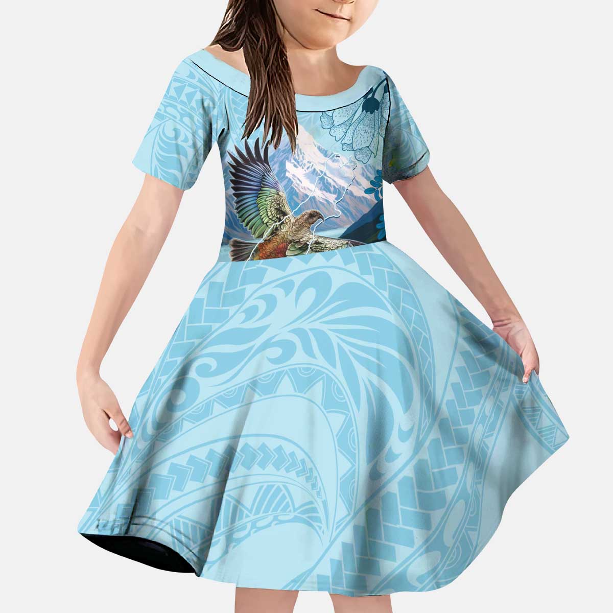 New Zealand South Island Kid Short Sleeve Dress Te Waipounamu Aoraki Kea Bird