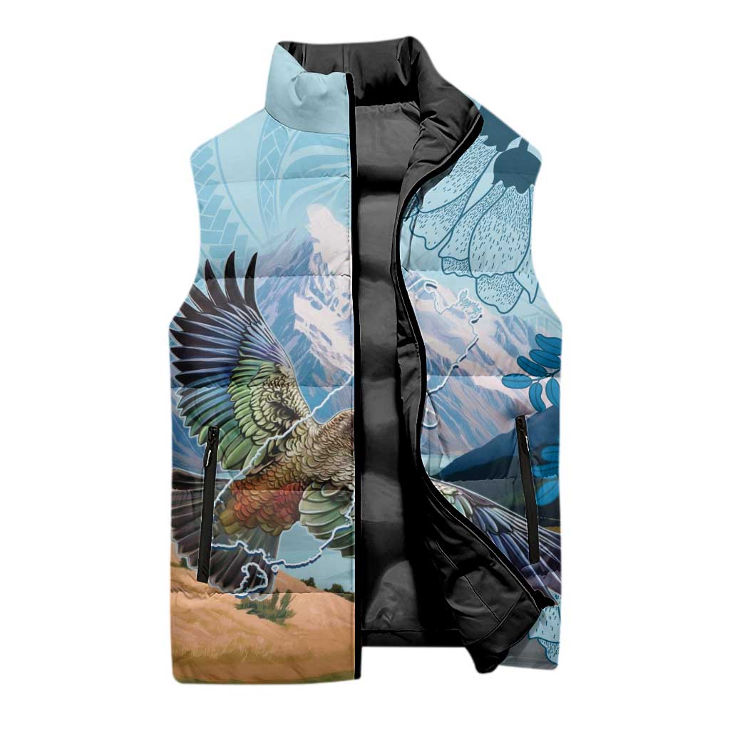 New Zealand South Island Sleeveless Puffer Jacket Te Waipounamu Aoraki Kea Bird - Polynesian Pride