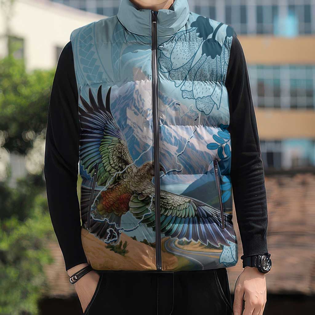 New Zealand South Island Sleeveless Puffer Jacket Te Waipounamu Aoraki Kea Bird - Polynesian Pride