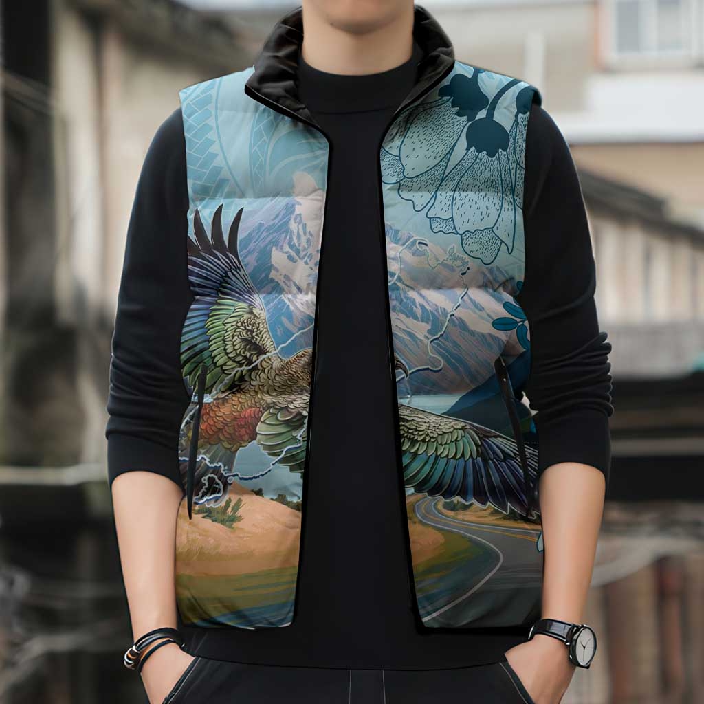 New Zealand South Island Sleeveless Puffer Jacket Te Waipounamu Aoraki Kea Bird - Polynesian Pride