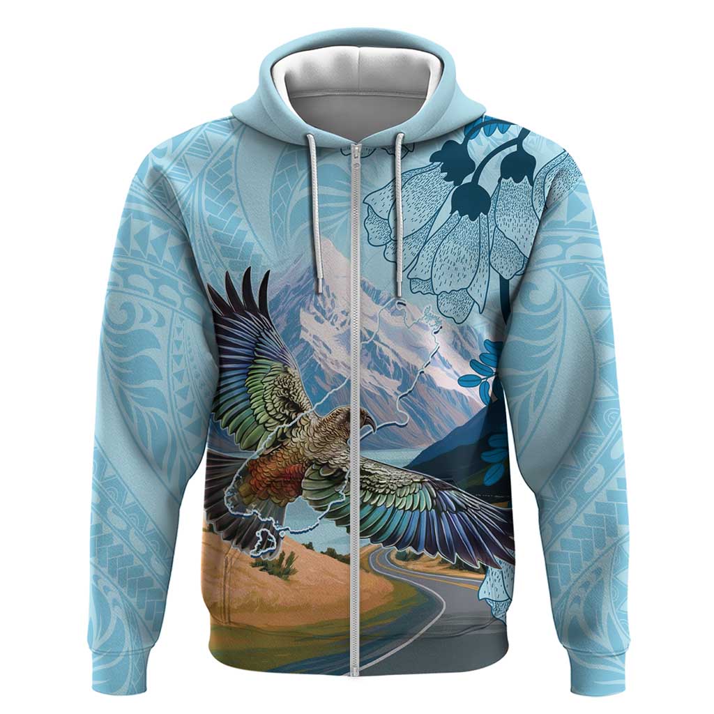 New Zealand South Island Zip Hoodie Te Waipounamu Aoraki Kea Bird LT14 Zip Hoodie Blue - Polynesian Pride