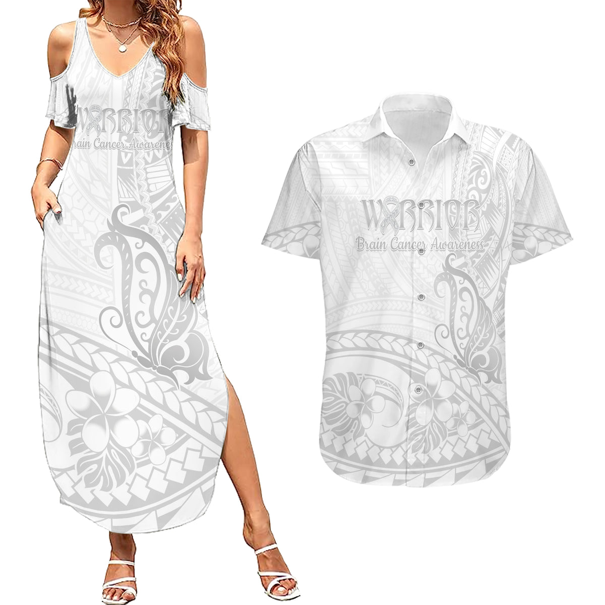 Polynesia Brain Cancer Awareness Couples Matching Summer Maxi Dress and Hawaiian Shirt In May We Wear Grey