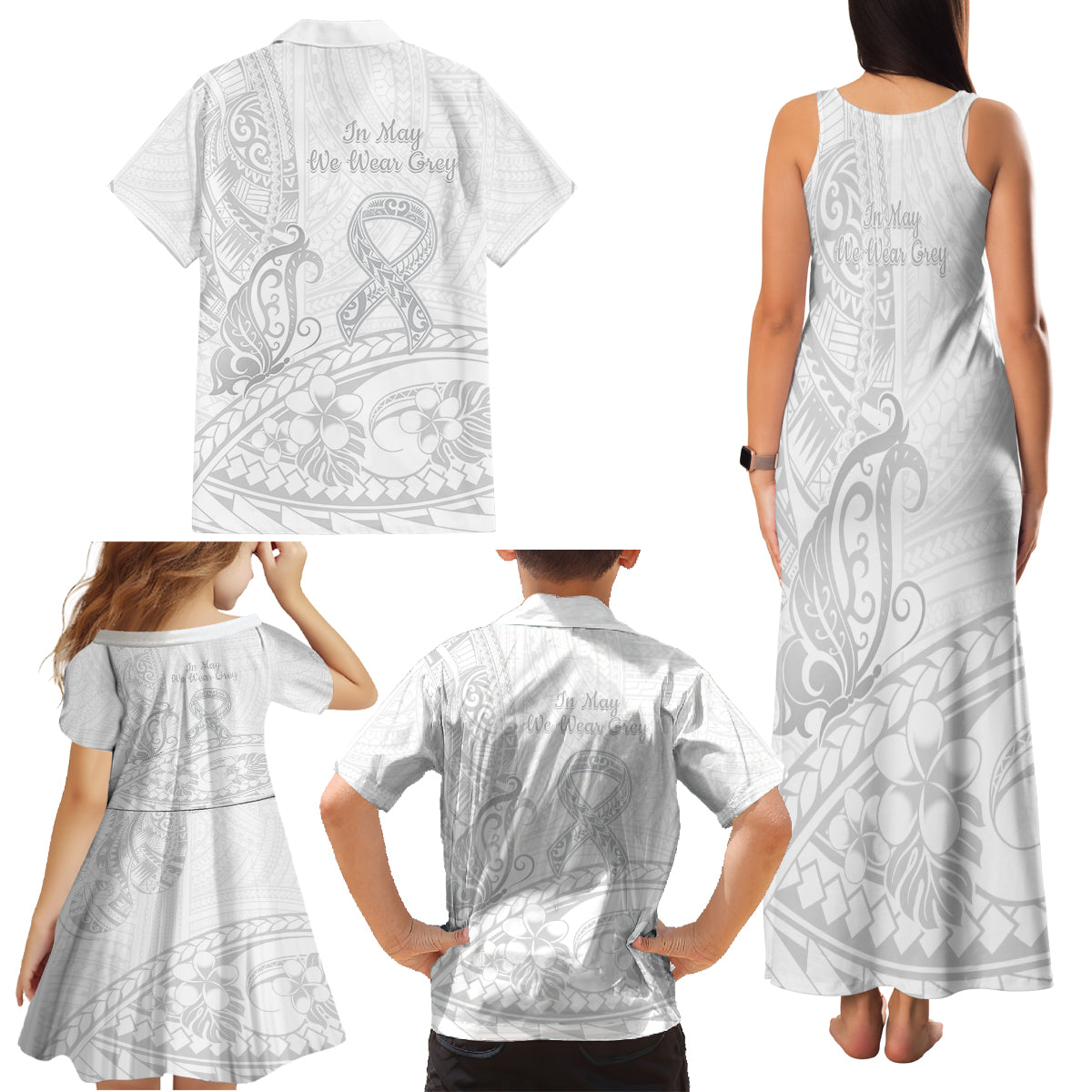 Polynesia Brain Cancer Awareness Family Matching Tank Maxi Dress and Hawaiian Shirt In May We Wear Grey