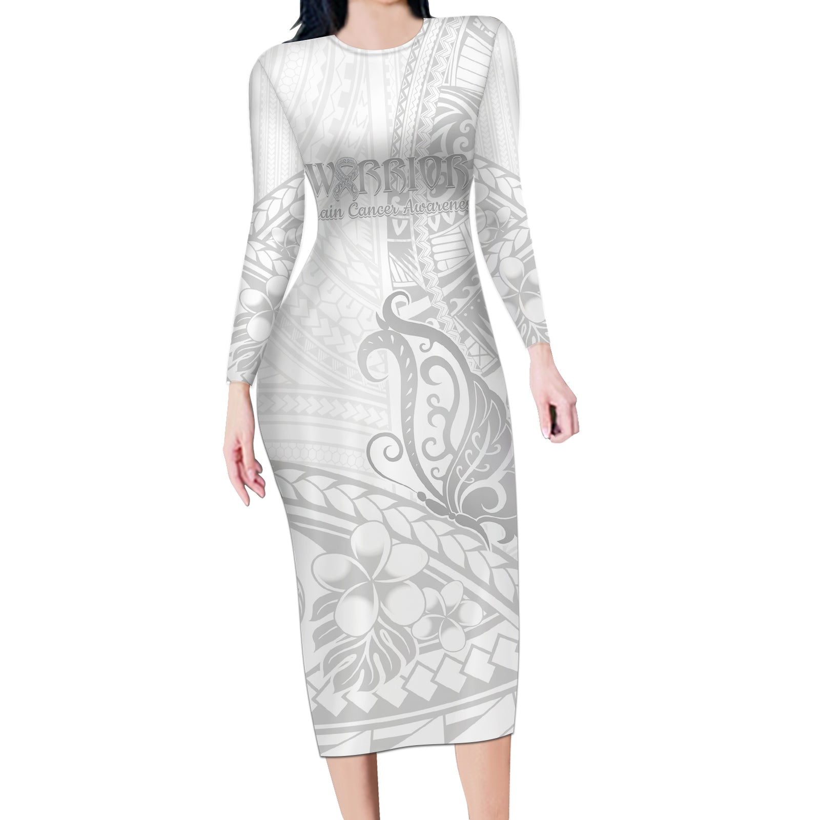 Polynesia Brain Cancer Awareness Long Sleeve Bodycon Dress In May We Wear Grey LT14 Long Dress White - Polynesian Pride