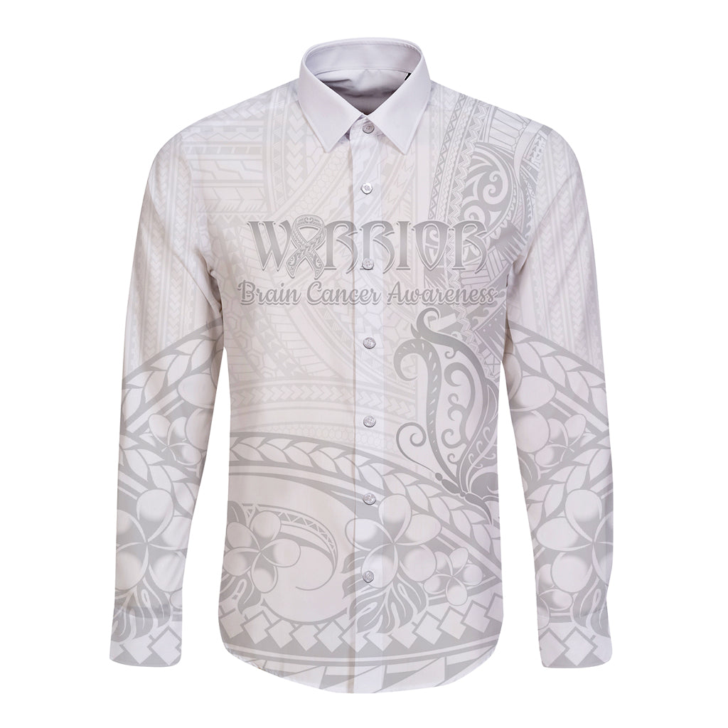 Polynesia Brain Cancer Awareness Long Sleeve Button Shirt In May We Wear Grey LT14 Unisex White - Polynesian Pride