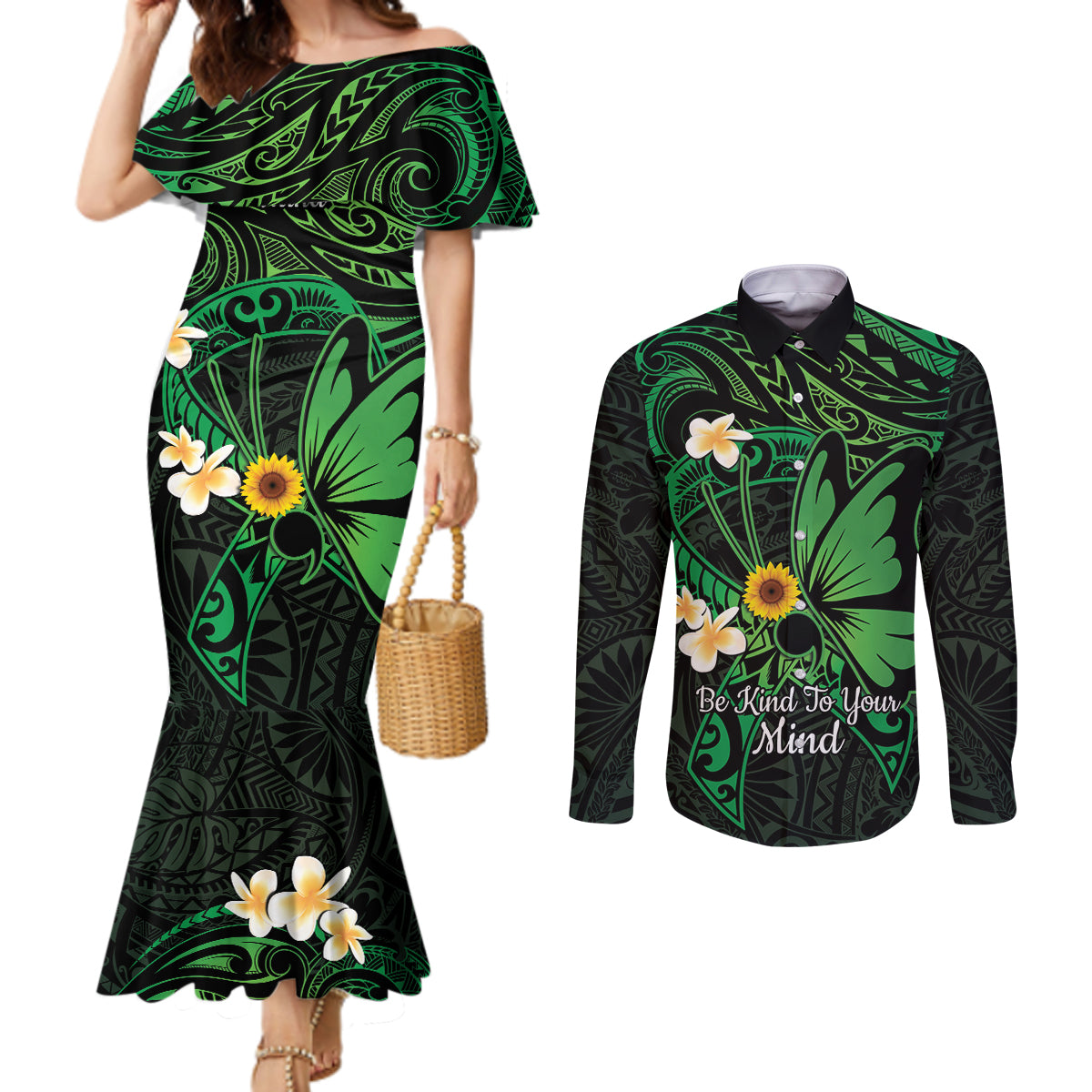 Polynesia Mental Health Awareness Couples Matching Mermaid Dress and Long Sleeve Button Shirt Green Ribbon Be Kind To Your Mind