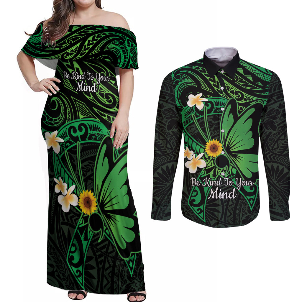 Polynesia Mental Health Awareness Couples Matching Off Shoulder Maxi Dress and Long Sleeve Button Shirt Green Ribbon Be Kind To Your Mind