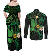 Polynesia Mental Health Awareness Couples Matching Off Shoulder Maxi Dress and Long Sleeve Button Shirt Green Ribbon Be Kind To Your Mind