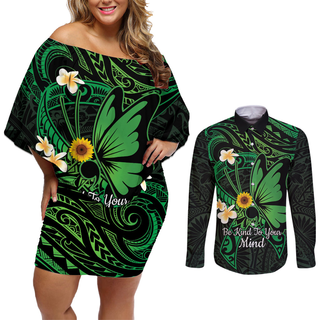 Polynesia Mental Health Awareness Couples Matching Off Shoulder Short Dress and Long Sleeve Button Shirt Green Ribbon Be Kind To Your Mind