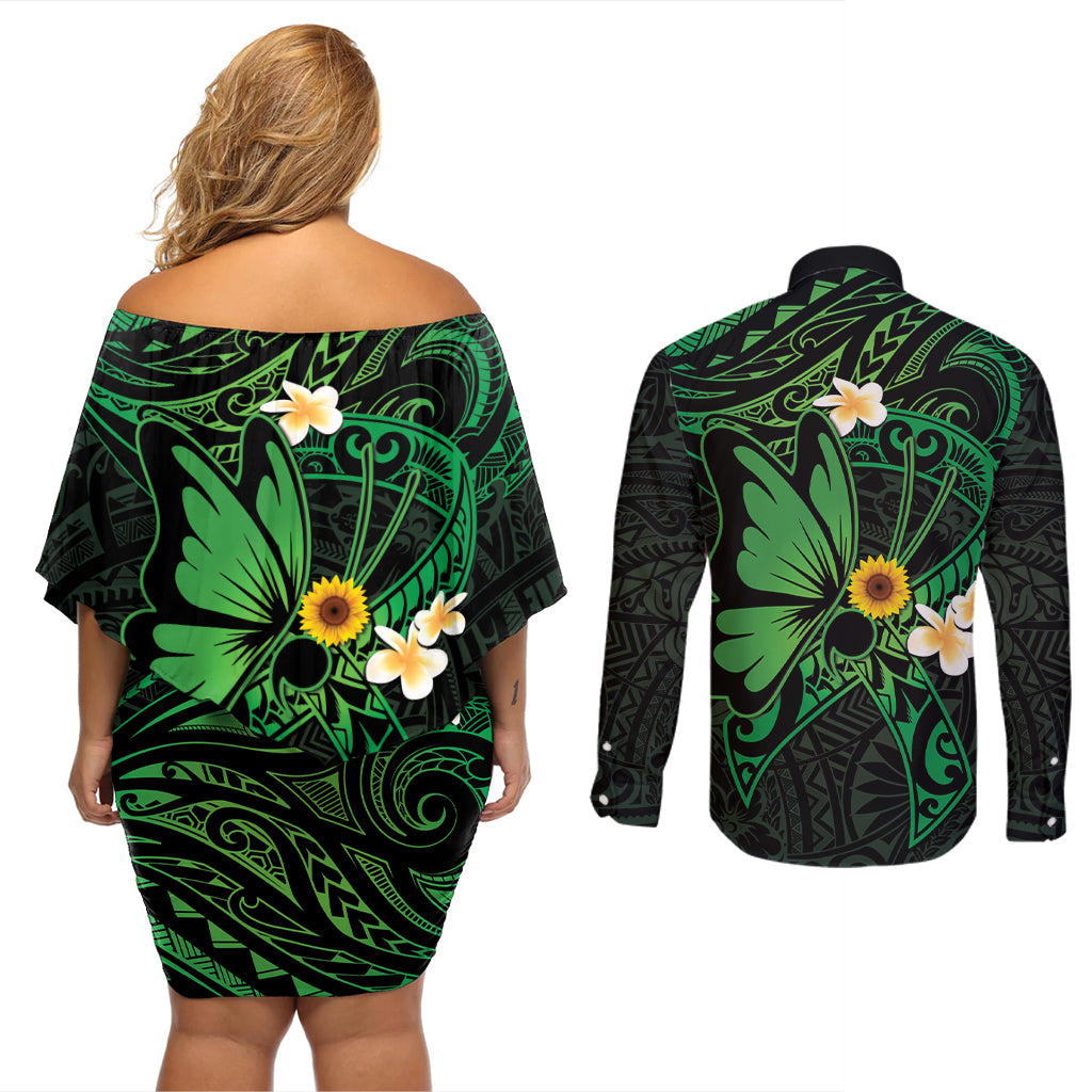 Polynesia Mental Health Awareness Couples Matching Off Shoulder Short Dress and Long Sleeve Button Shirt Green Ribbon Be Kind To Your Mind