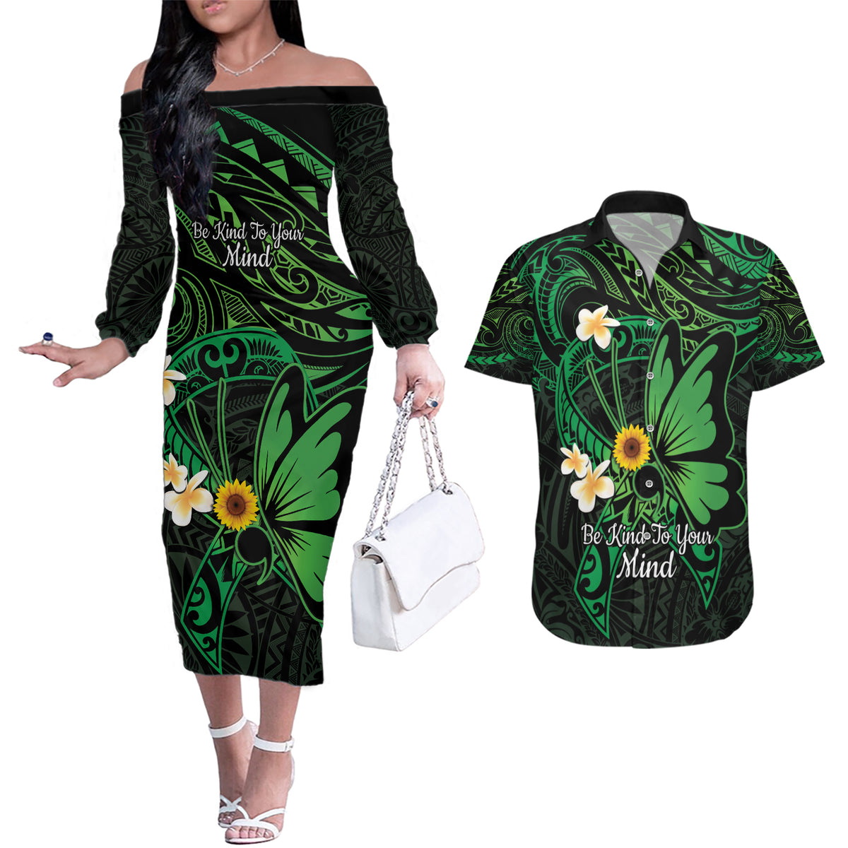 Polynesia Mental Health Awareness Couples Matching Off The Shoulder Long Sleeve Dress and Hawaiian Shirt Green Ribbon Be Kind To Your Mind