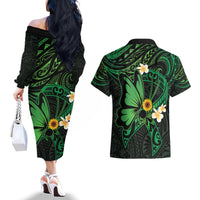 Polynesia Mental Health Awareness Couples Matching Off The Shoulder Long Sleeve Dress and Hawaiian Shirt Green Ribbon Be Kind To Your Mind