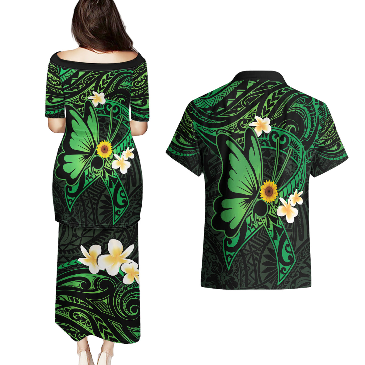 Polynesia Mental Health Awareness Couples Matching Puletasi and Hawaiian Shirt Green Ribbon Be Kind To Your Mind