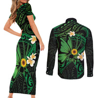 Polynesia Mental Health Awareness Couples Matching Short Sleeve Bodycon Dress and Long Sleeve Button Shirt Green Ribbon Be Kind To Your Mind