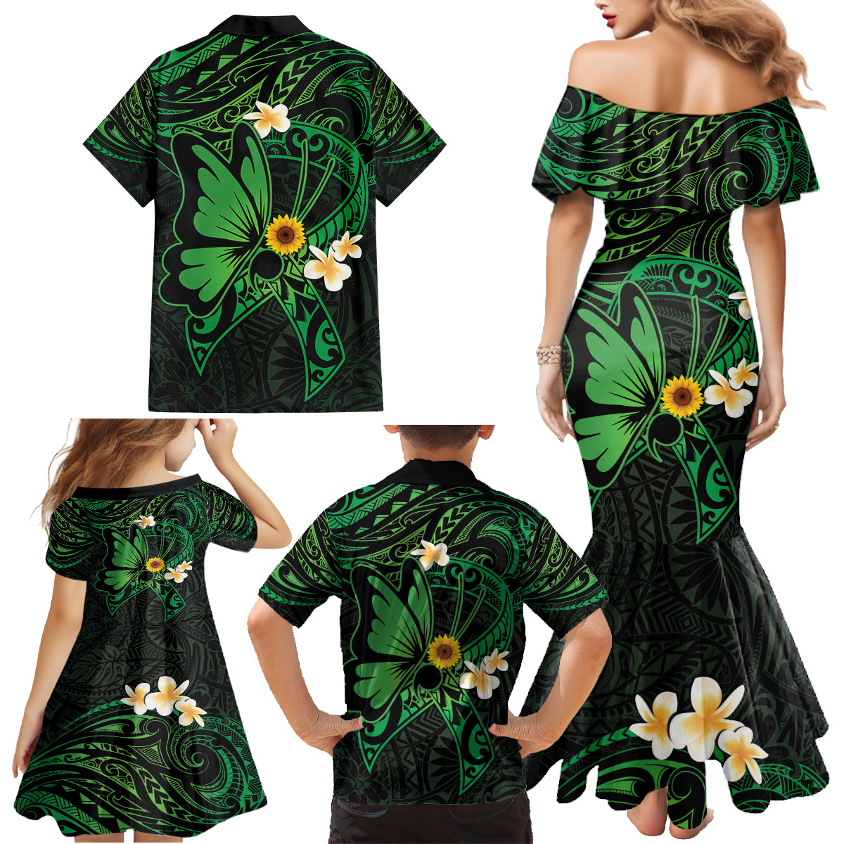 Polynesia Mental Health Awareness Family Matching Mermaid Dress and Hawaiian Shirt Green Ribbon Be Kind To Your Mind