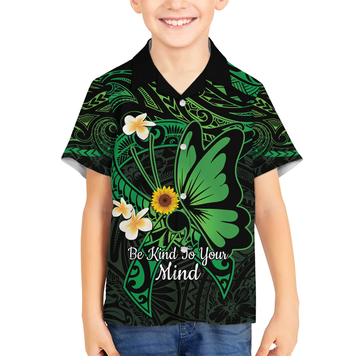 Polynesia Mental Health Awareness Family Matching Off Shoulder Short Dress and Hawaiian Shirt Green Ribbon Be Kind To Your Mind