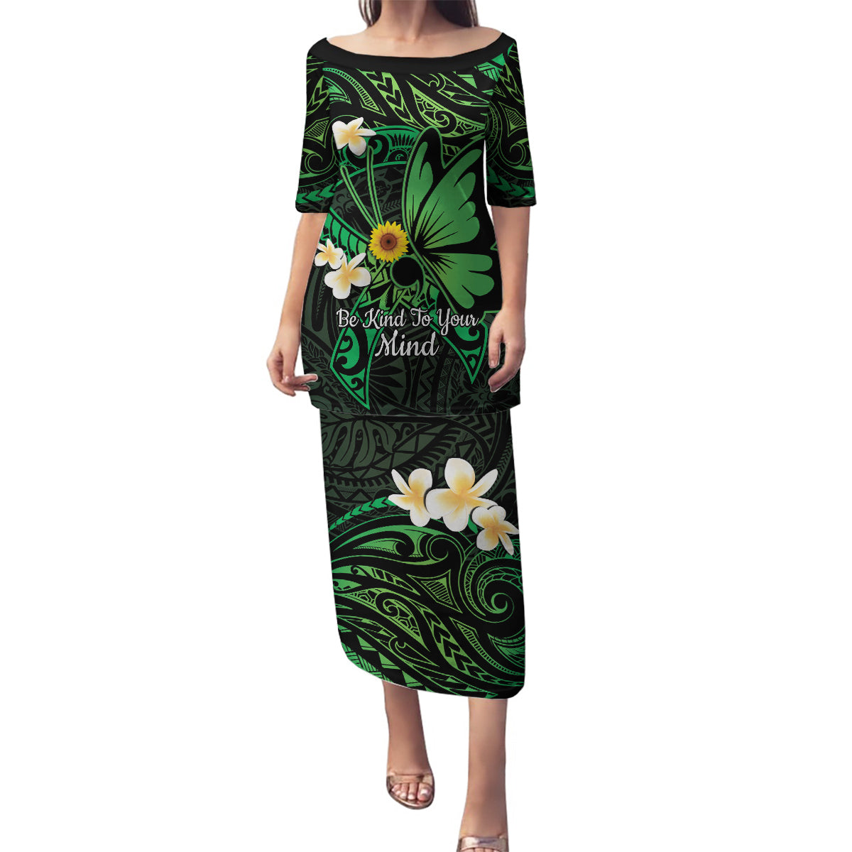 Polynesia Mental Health Awareness Family Matching Puletasi and Hawaiian Shirt Green Ribbon Be Kind To Your Mind