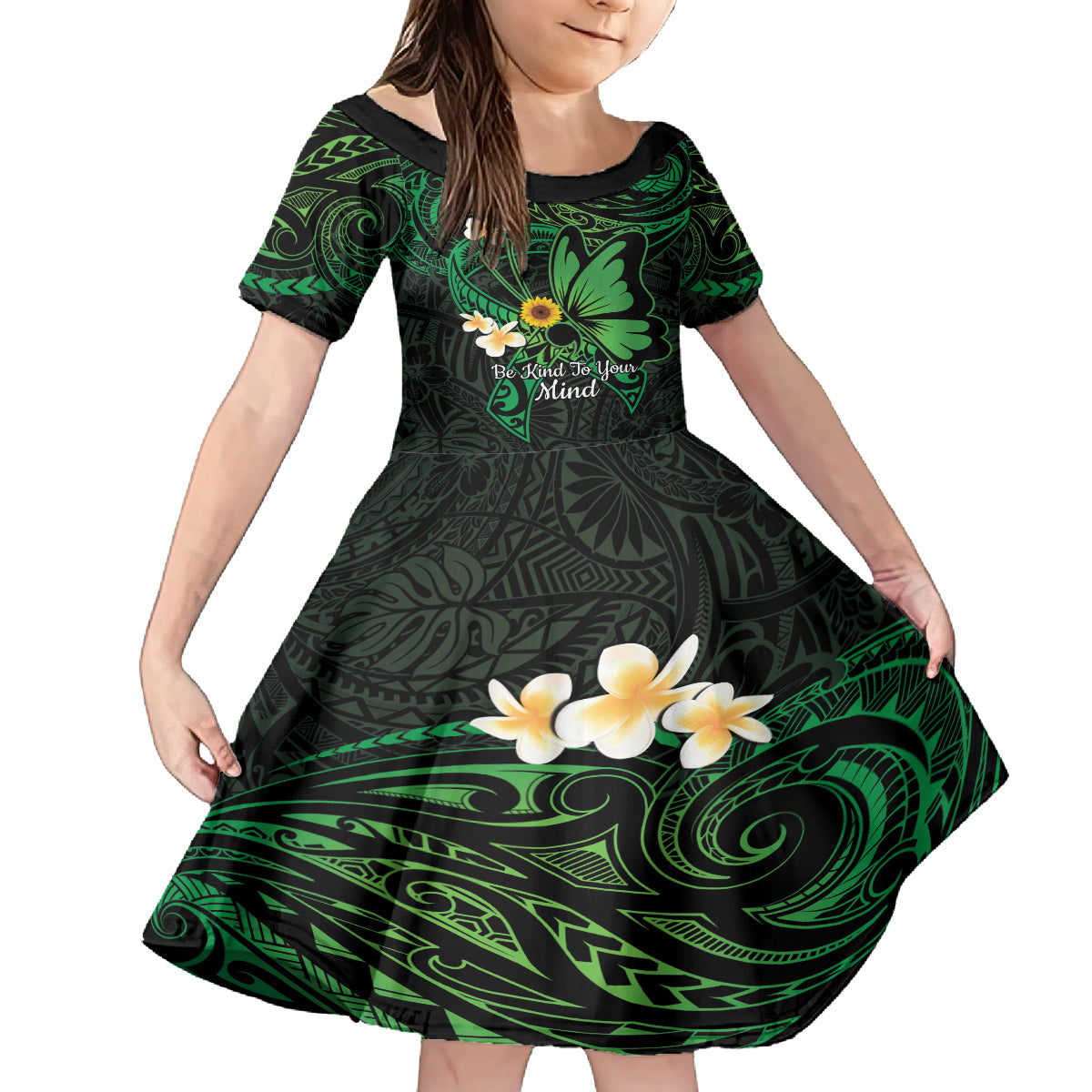 Polynesia Mental Health Awareness Kid Short Sleeve Dress Green Ribbon Be Kind To Your Mind LT14 KID Green - Polynesian Pride
