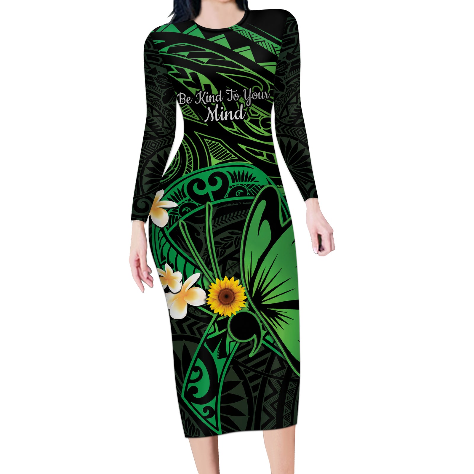 Polynesia Mental Health Awareness Long Sleeve Bodycon Dress Green Ribbon Be Kind To Your Mind LT14 Long Dress Green - Polynesian Pride