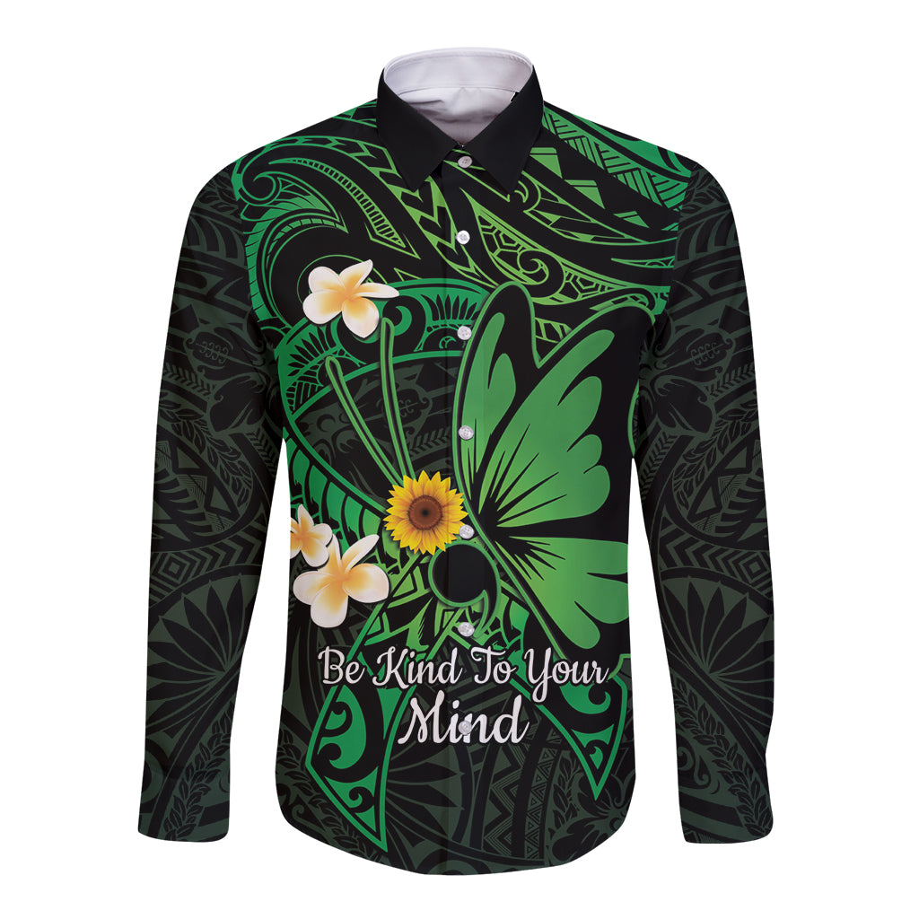 Polynesia Mental Health Awareness Long Sleeve Button Shirt Green Ribbon Be Kind To Your Mind