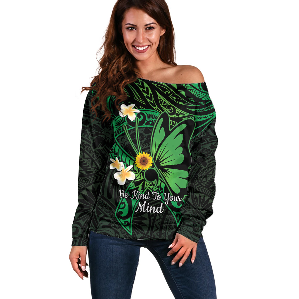 Polynesia Mental Health Awareness Off Shoulder Sweater Green Ribbon Be Kind To Your Mind LT14 Women Green - Polynesian Pride