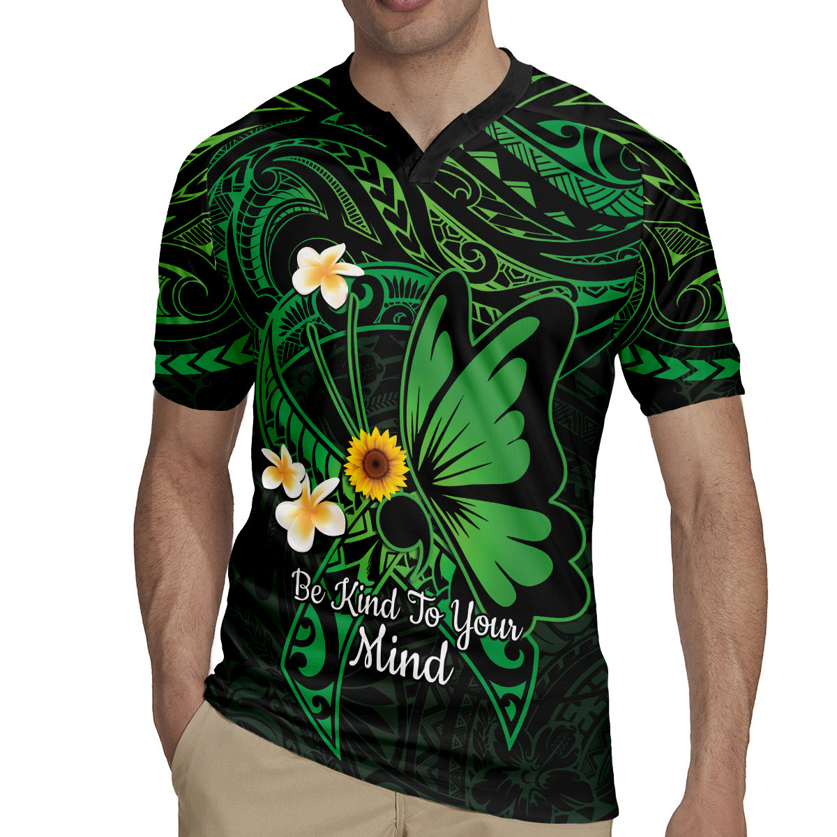 Polynesia Mental Health Awareness Rugby Jersey Green Ribbon Be Kind To Your Mind