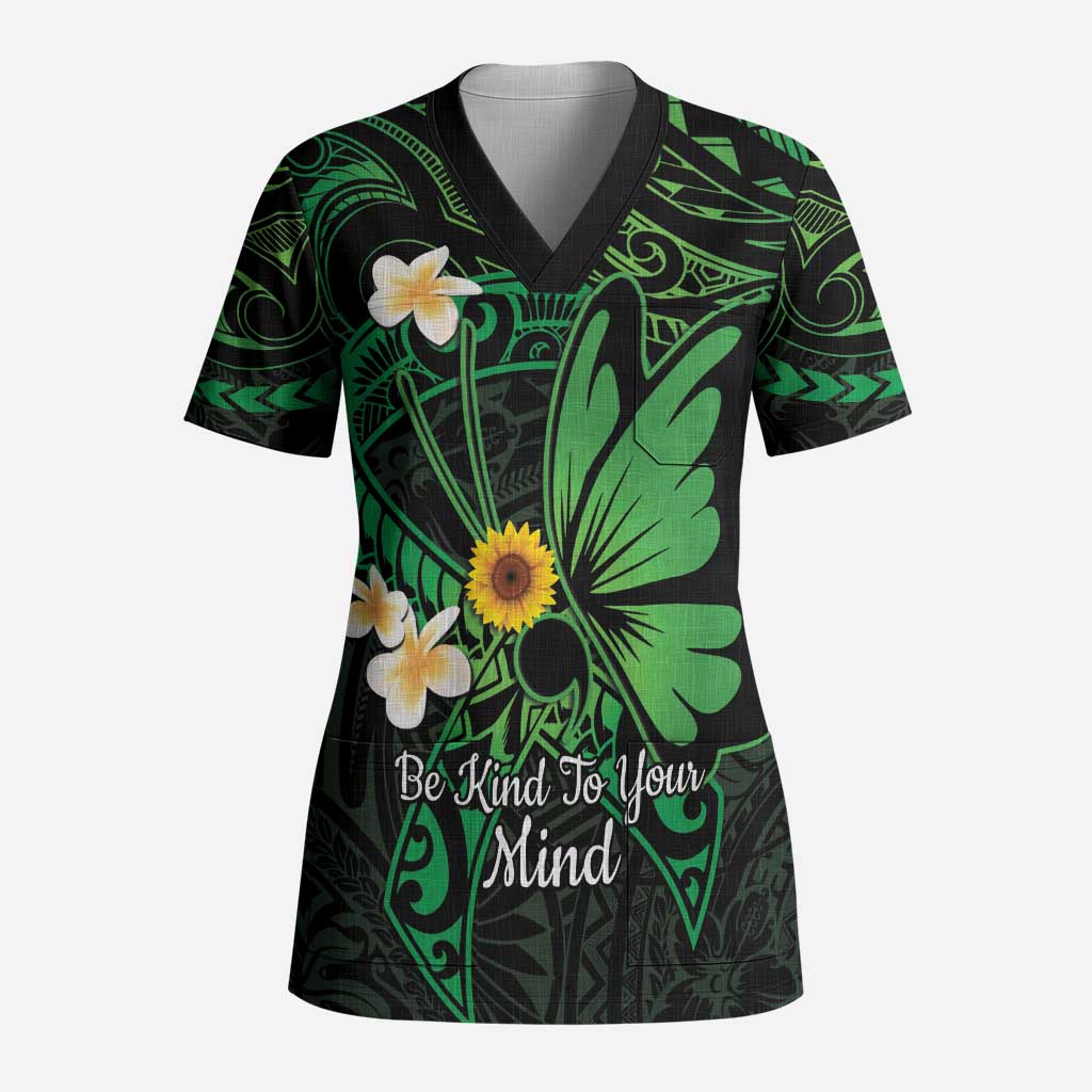 Polynesia Mental Health Awareness Scrub Top Green Ribbon Be Kind To Your Mind LT14 Adult Green - Polynesian Pride