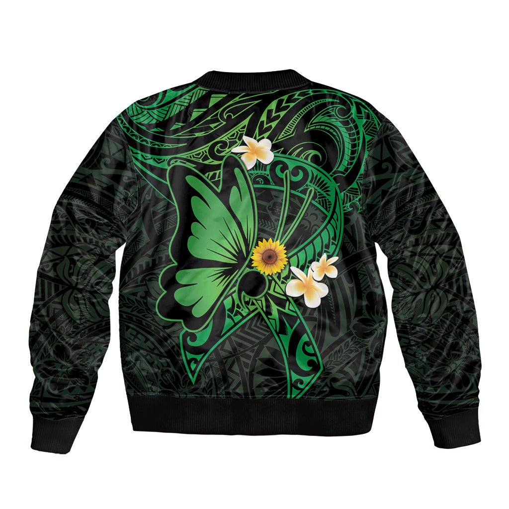 Polynesia Mental Health Awareness Sleeve Zip Bomber Jacket Green Ribbon Be Kind To Your Mind