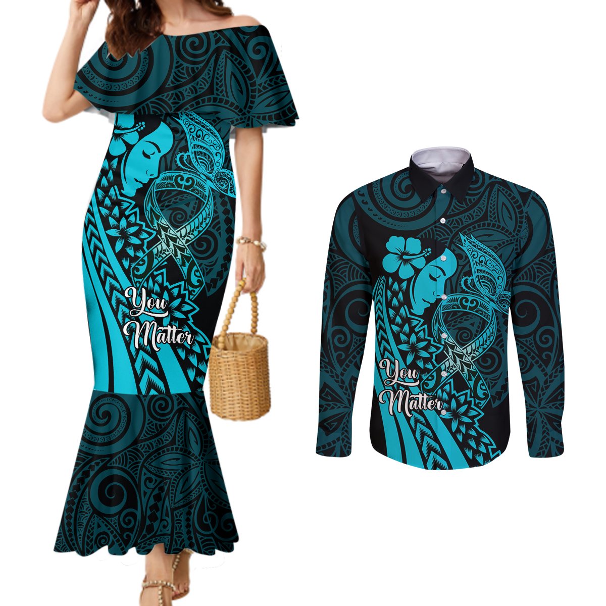 Polynesia World Ovarian Cancer Day Couples Matching Mermaid Dress and Long Sleeve Button Shirt You Matter Polynesian Women