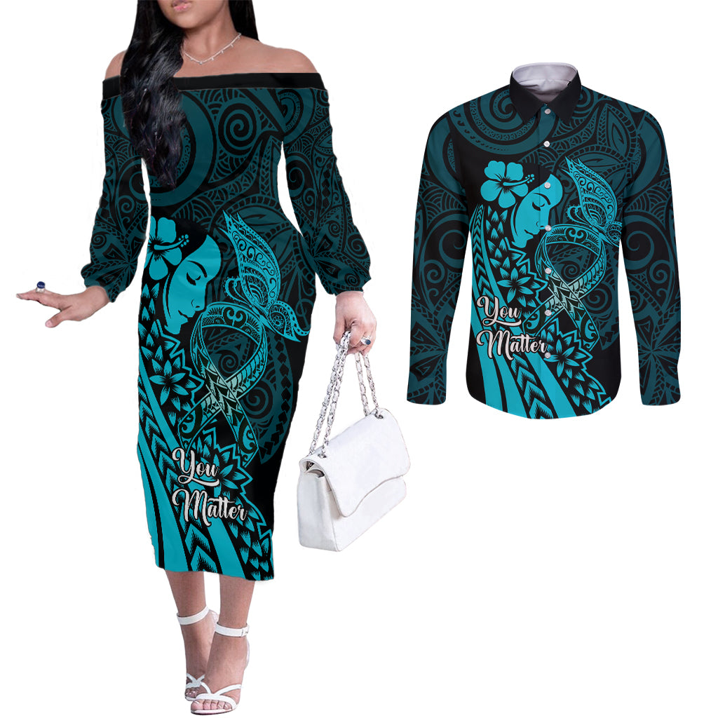 Polynesia World Ovarian Cancer Day Couples Matching Off The Shoulder Long Sleeve Dress and Long Sleeve Button Shirt You Matter Polynesian Women