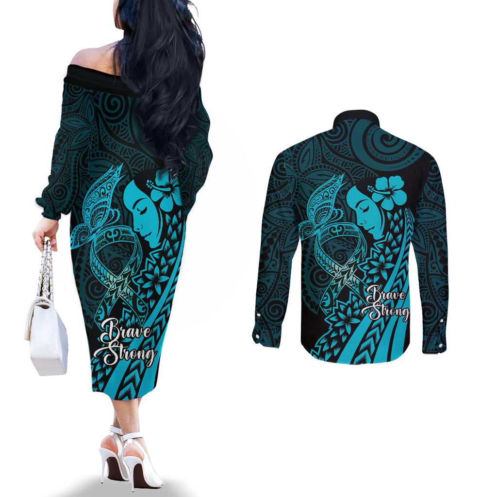 Polynesia World Ovarian Cancer Day Couples Matching Off The Shoulder Long Sleeve Dress and Long Sleeve Button Shirt You Matter Polynesian Women