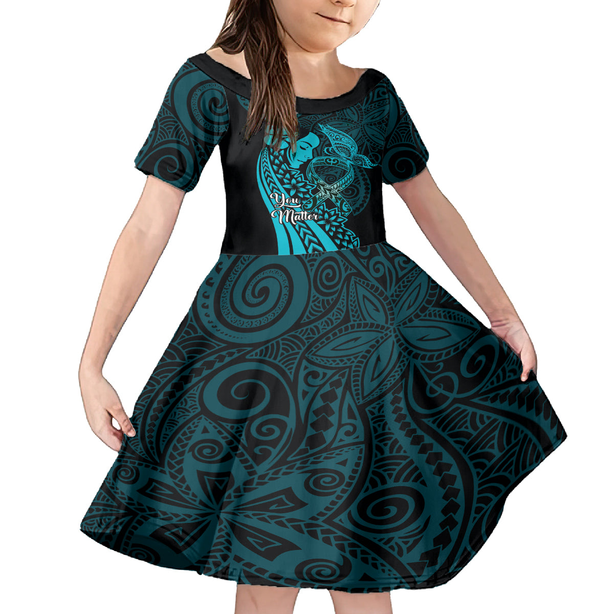 Polynesia World Ovarian Cancer Day Kid Short Sleeve Dress You Matter Polynesian Women LT14 KID Teal - Polynesian Pride