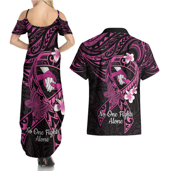 Polynesia Breast Cancer Awareness Family Matching Off Shoulder Short Dress and Hawaiian Shirt No One Fights Alone Pink Ribbon With Butterfly LT14