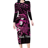 Polynesia Breast Cancer Awareness Family Matching Long Sleeve Bodycon Dress and Hawaiian Shirt Pink Ribbon No One Fights Alone - Black