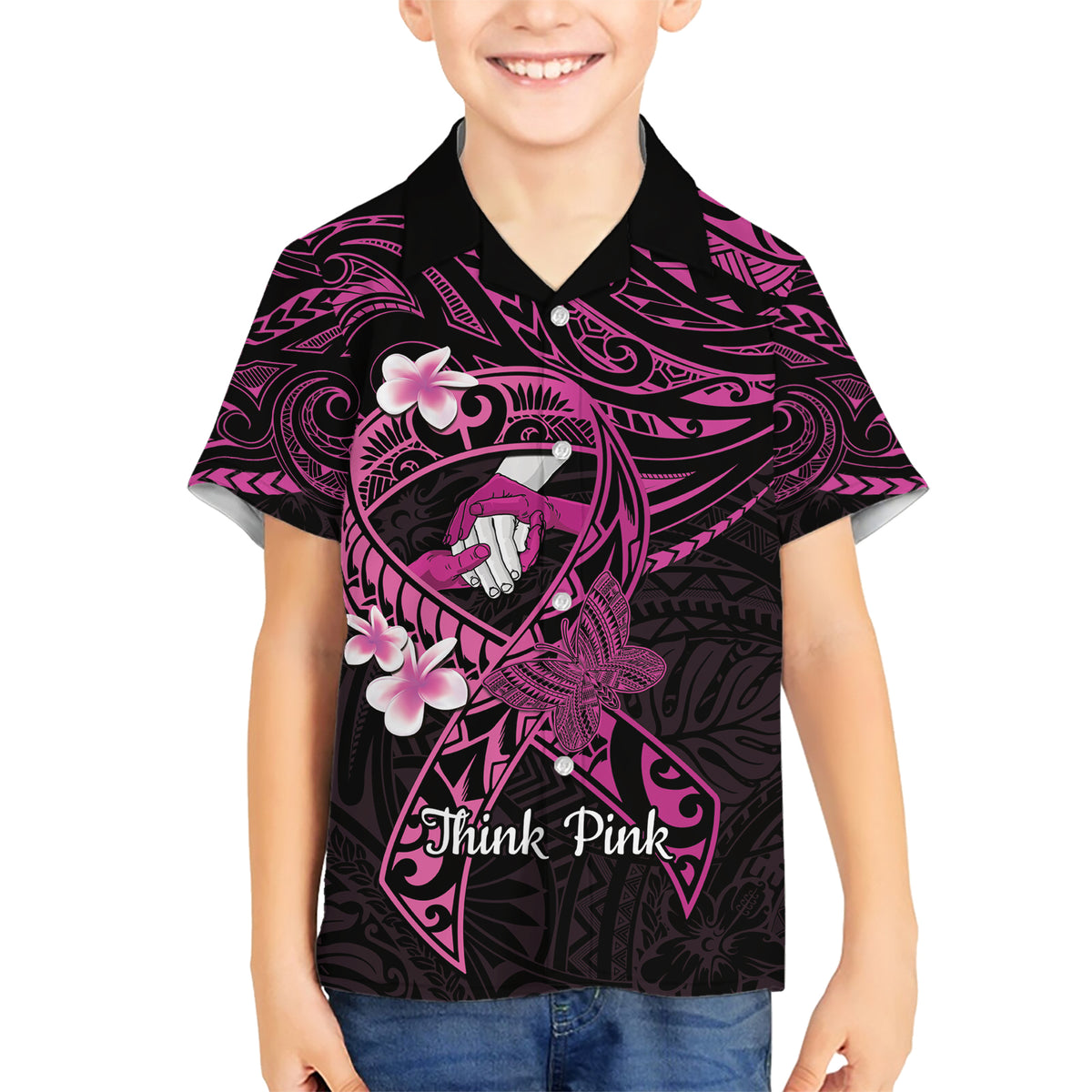 Polynesia Breast Cancer Awareness Family Matching Short Sleeve Bodycon Dress and Hawaiian Shirt Pink Ribbon No One Fights Alone - Black