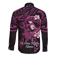 Polynesia Breast Cancer Awareness Long Sleeve Button Shirt Pink Ribbon No One Fights Alone - Black