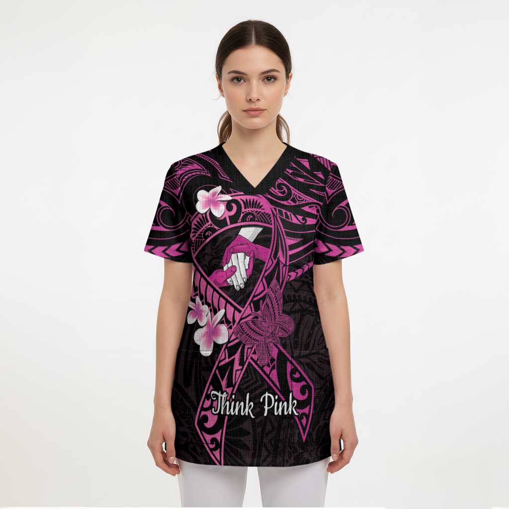 Polynesia Breast Cancer Awareness Scrub Top Pink Ribbon No One Fights Alone - Black - Polynesian Pride