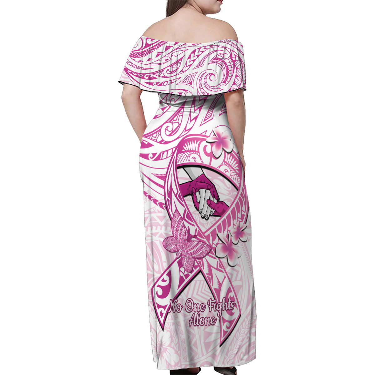 Polynesia Breast Cancer Awareness Family Matching Off Shoulder Maxi Dress and Hawaiian Shirt Pink Ribbon No One Fights Alone - White