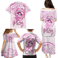 Polynesia Breast Cancer Awareness Family Matching Puletasi and Hawaiian Shirt Pink Ribbon No One Fights Alone - White